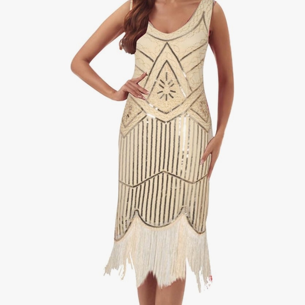 Unique Vintage brand Roaring 20s flapper dress XL 14 cream Beaded Lined NWT